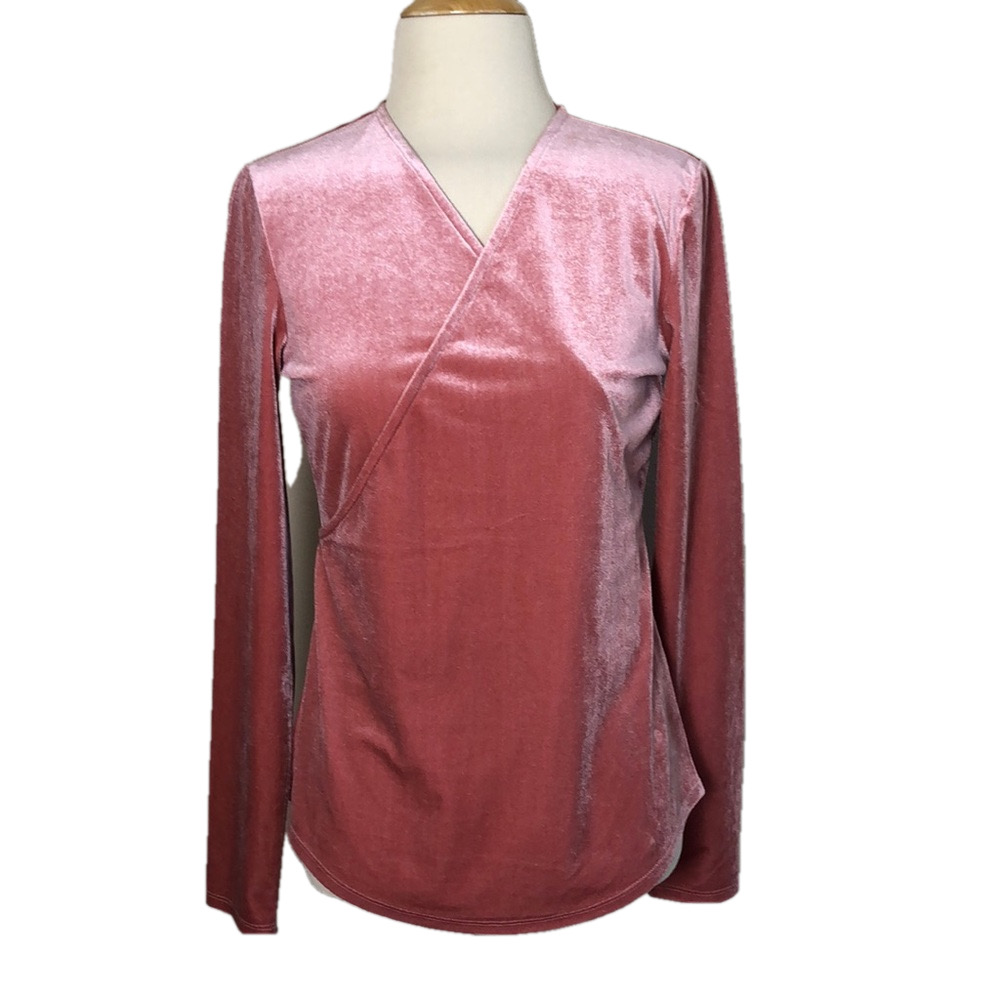 SUNDANCE Small Rose Crushed Velvet Faux Wrap Long Sleeve Top Feminine Cozycore